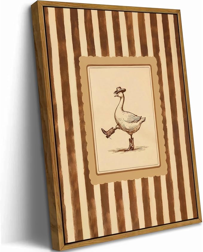 Floating Framed Cowboy Goose Canvas Wall Art, Funny Western Silly Goose Paint Picture Wall Decor, Dancing Duck Stripe Poster Print Artwork, for LivingRoom Bedroom Kids Room Home Decoration 8x10in