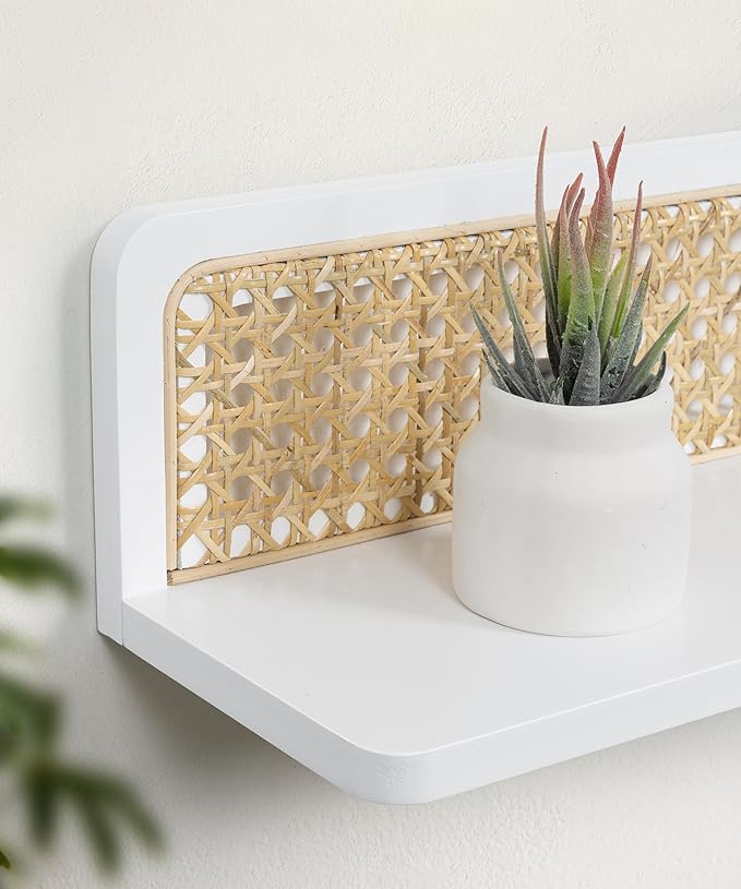 Rattan Wall Shelf 24inch Set of 2, Handmade White Floating Shelves Boho Wall Decor, Rustic Wood Wall Mounted Storage Shelves for Living Room Nursery Bedroom