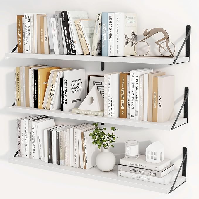 Heimlove Floating Book Shelves for Wall,35.4 Inches Long Wall Mounted Bookshelves,Heavy Duty Bracket Shelves for Living Room Kitchen,Laundry Room Storage & Decor,Set of 3,White