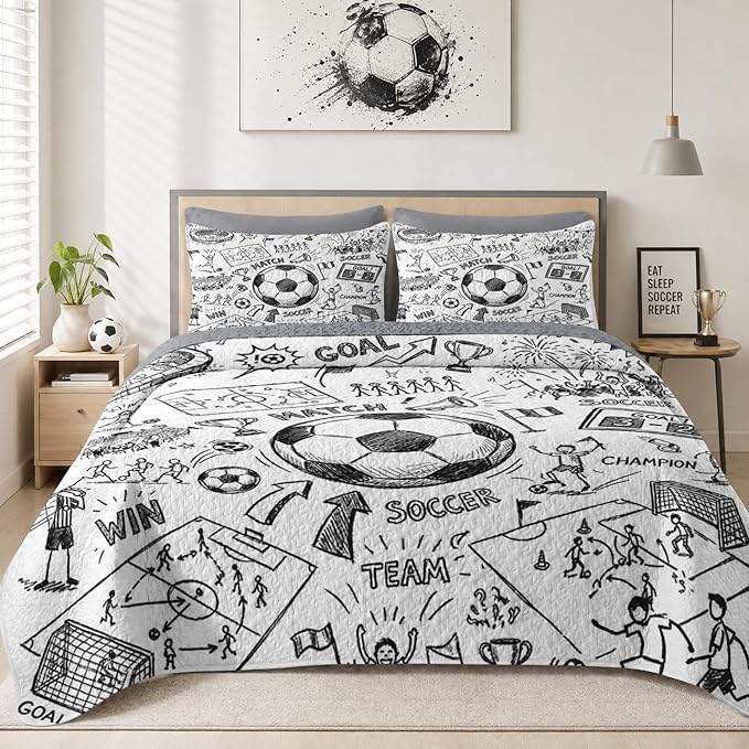 Pamnest Quilt Set Twin Size, Game Soccer Painting 2 Pcs Soft Bed Cover Bedding Set for Kids and Adults, Football Ball Cup Sport Lightweight Bedspread Coverlet with Pillow Sham for All Season