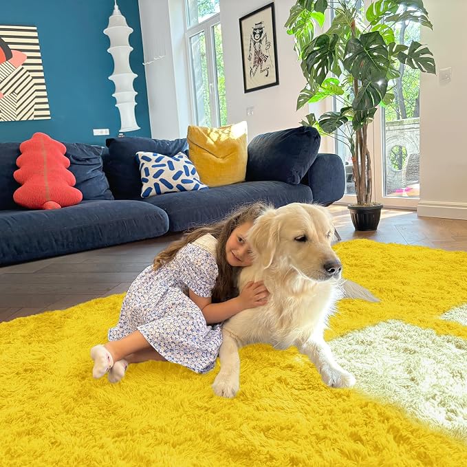 OLANLY Area Rugs for Living Room Bedroom, Machine Washable 4x5.9 ft Soft Fluffy Shaggy Bedside Rug, Indoor Floor Carpet for Kids Girls and Boys, Dorms, Nursery Rooms, Home Decor Aesthetic, Yellow