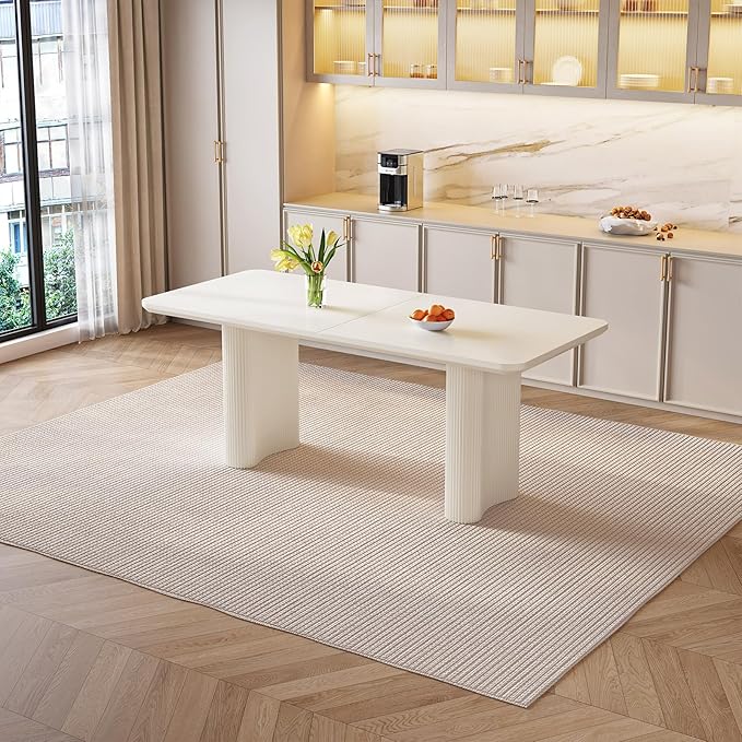 62.99" Rectangular Dining Table for 6, 6 Seat Dinner Table with Thick Top and Wave Shaped Legs for Kitchen, Living Room, White