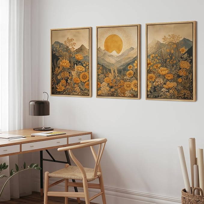 wall26 Framed Print Wall Art Set Boho Sunflower Mountain Vintage Yellow Floral and LandscapeDecorative Minimal Relax/Zen for Living Room, Bedroom, Office - 16"x24"x3 NATURAL