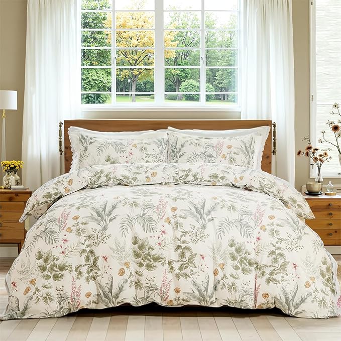 100% Cotton Duvet Cover King Size Sage Green Floral Bedding Set Reversible Botanical Comforter Cover 3 Pcs Vintage Cottagecore Aesthetic Soft Bedding Sets for All Season