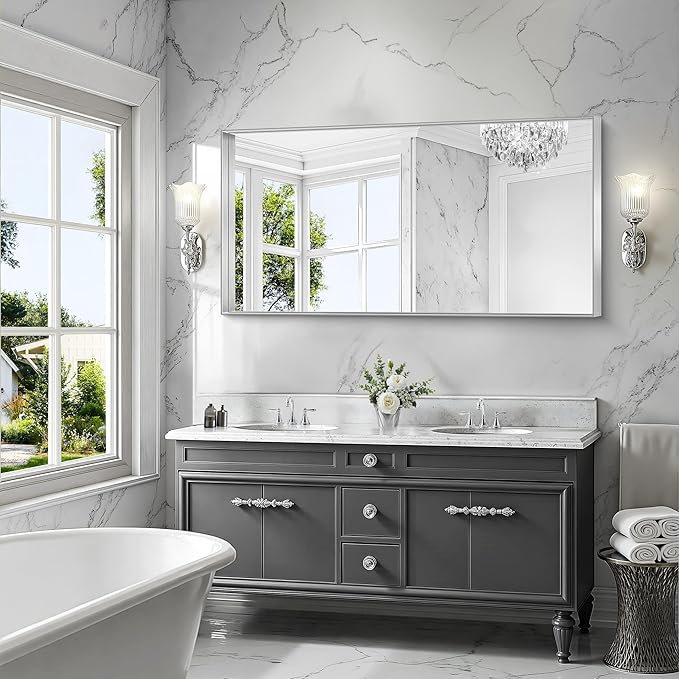 CIRCUMI Silver Bathroom Mirror, 30"x60" Rectangular Mirror with Deep Metal Frame, Brushed Finish, Tempered Glass, Large Mirror for Wall, Over 2 Sinks, Installed Vertically/Horizontally, Crystal-Clear