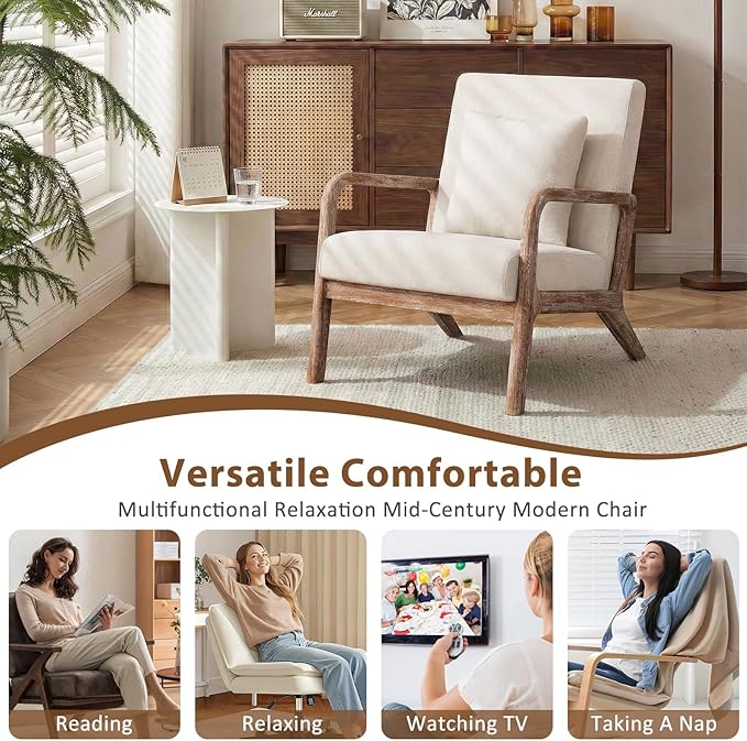 Mid Century Accent Chair with Solid Wood Frame Set of 2, Upholstered Lumbar Pillow Lounge Chair Beige Linen Fabric Cozy Leisure Chair Relaxing Retro Living Room Chair for Bedroom Waiting Room