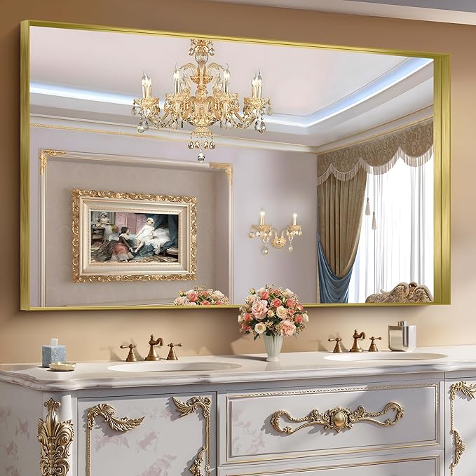 CIRCUMI Gold Bathroom Mirror, 36"x60" Rectangular Mirror with Deep Metal Frame, Brushed Finish, Tempered Glass, Large Mirror for Wall, Over 2 Sinks, Installed Vertically/Horizontally, Crystal-Clear
