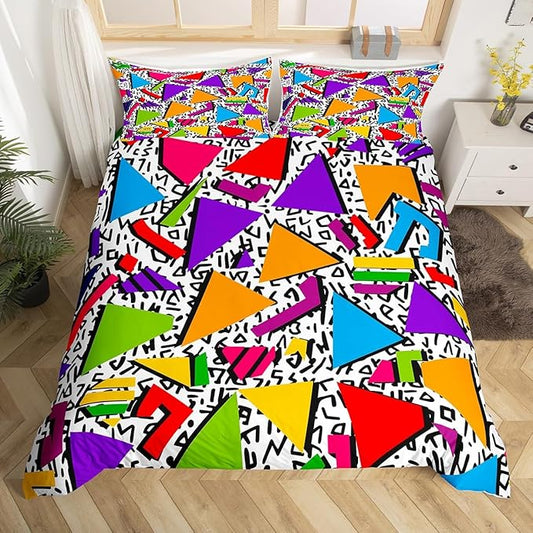 80s 90S Fashion Style Bedding Set Queen Size,Retro Memphis Style Pattern with Geometrical Shapes Duvet Cover for Kids Child,Funky Hipster Old Fashioned Comforter Cover Geometric Bedroom Decor