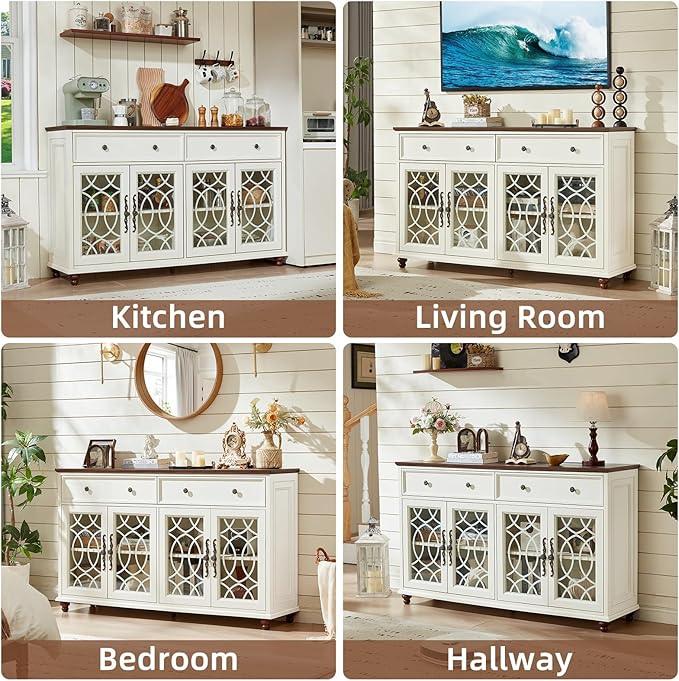 Large Sideboard Buffet Cabinet with Storage,59" Credenza with 4 Glass Doors & 2 Drawers,Adjustable Shelves Coffee Bar,Wood Kitchen Console Table for Dining Room,Living Room,Black
