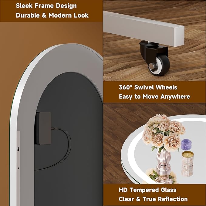 Hasipu 75" x 32" Arched LED Rolling Gym Mirror with Wheels, Dimmable Lighted Body Mirror with 3 Color Temperatures & Adjustable Brightness for Bedroom, Yoga Studio & Home Gym