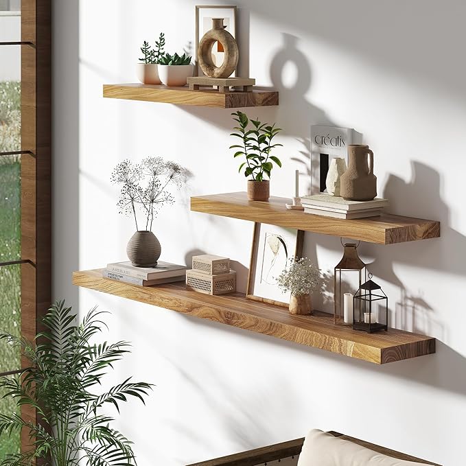 55 Inch Floating Shelves for Wall, Solid Elm Wood Wall Shelf for Home Decor, 8 Inch Deep Floating Shelf for Storage, 55 x 8 Wooden Shelves for Bathroom Living Room Kitchen, Natural Color, Set of 1