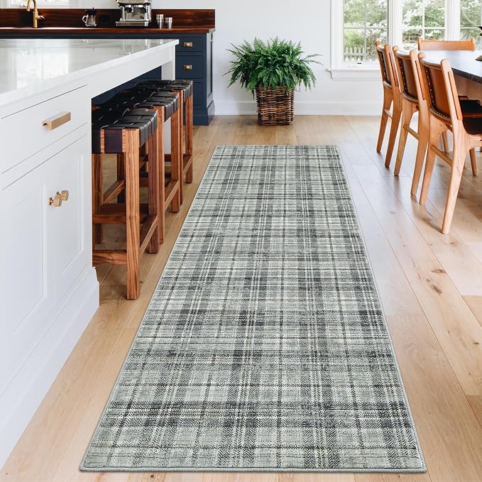 2x10 Runners for Hallway Non Slip Washable Kitchen Rugs, Farmhouse Tartan Plaid Area Rug Soft Low Pile Stain Resistant Indoor Carpet Runners for Entryways, Living Room