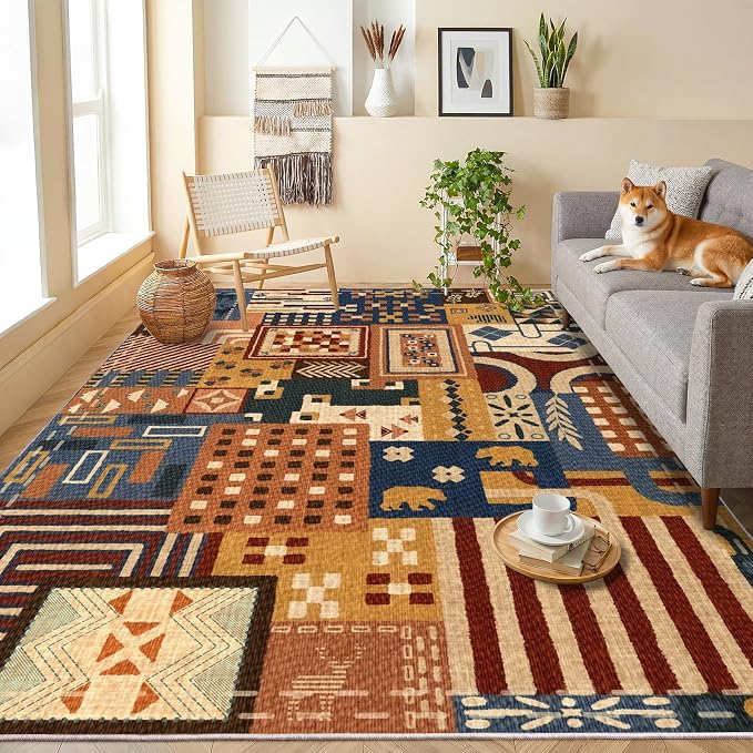 Washable 5x7 Area Rugs for Living Room, Abstract Geometric Tribal Colorful Throw Carpet, Washable Non Slip Low Pile Indoor Rug for Bedroom Dining Room Office Home Hardwood Floor