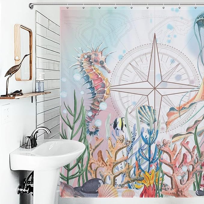 Coastal Jellyfish Shower Curtains,Beach Nautical Ocean Starfish Seashell Seahorse Underwater Animal Theme Bathroom Curtain Waterproof Fabric Machine Washable with Hooks,72x84Inch