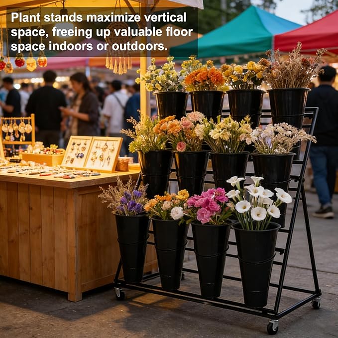 3-Tier Flower Display Stand with 12 Buckets, Heavy Duty Metal Flower Plant Cart with Wheels, Indoor Large Capacity Flower Bar Florist bucket Rack, Moving Florist Bouquet Shelf for Wedding Garden (C, 39.6*23.7*40.6in)