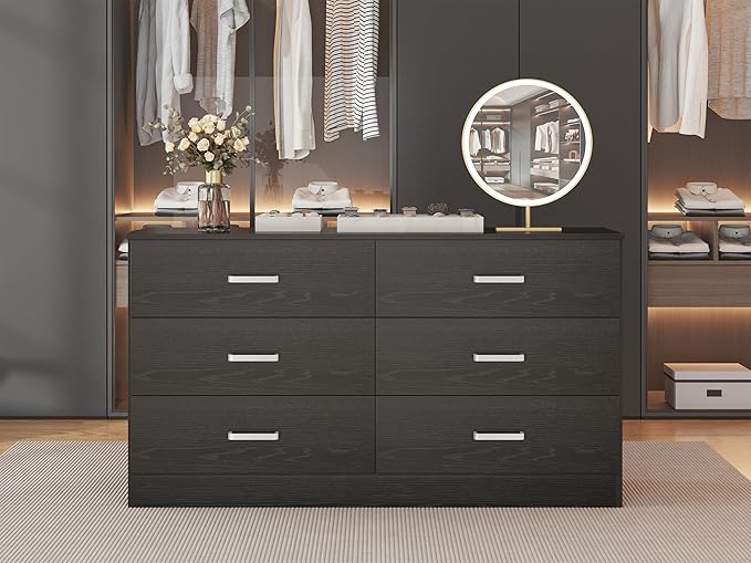 Bigbiglife Wood Dresser for Bedroom, 6 Drawer Double Dresser, Modern Chest of Drawers with Deep Drawers, Large Storage Organizer for Living Room, Closet (Black)