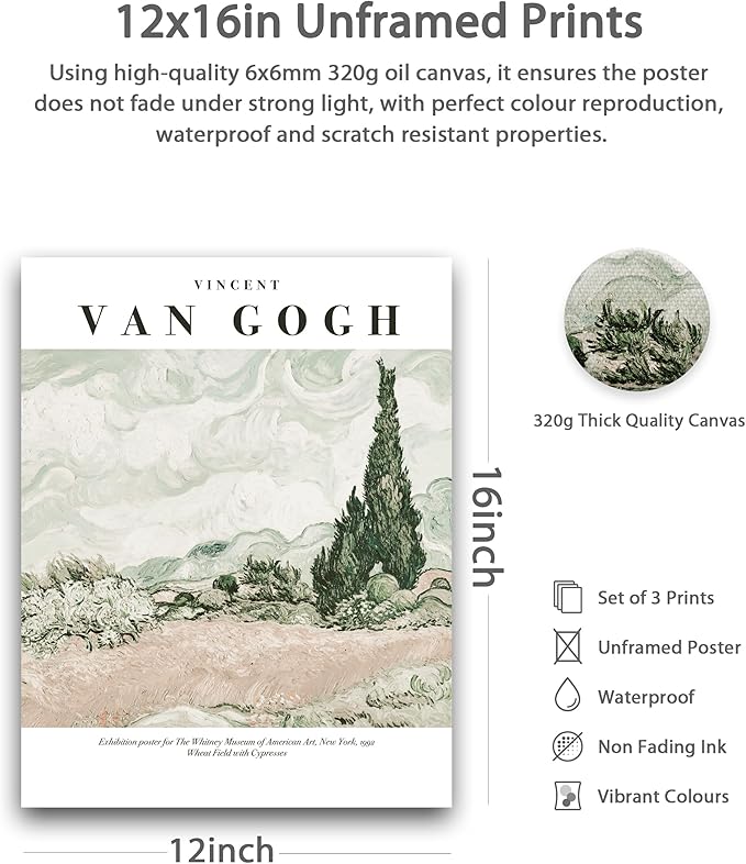 HesenDot Unframed Vintage Van Gogh Exhibition Posters Set of 3, French Country Landscape Floral Wall Art, Minimalist Chic Canvas Prints, Farmhouse Home Decor for Bedroom Living Room Study Office, Unframed