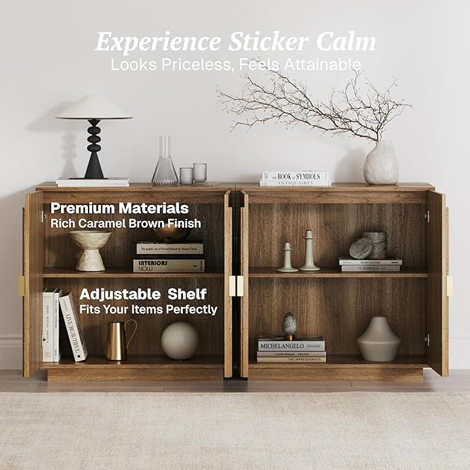 BELLEZE Set of 3 Modular Fluted Sideboard Buffet Cabinet with Storage, Mid-Century Modern Console Table with Symmetrical Arched Doors, Credenza for Dining Room, Kitchen and Living Room, Caramel Brown