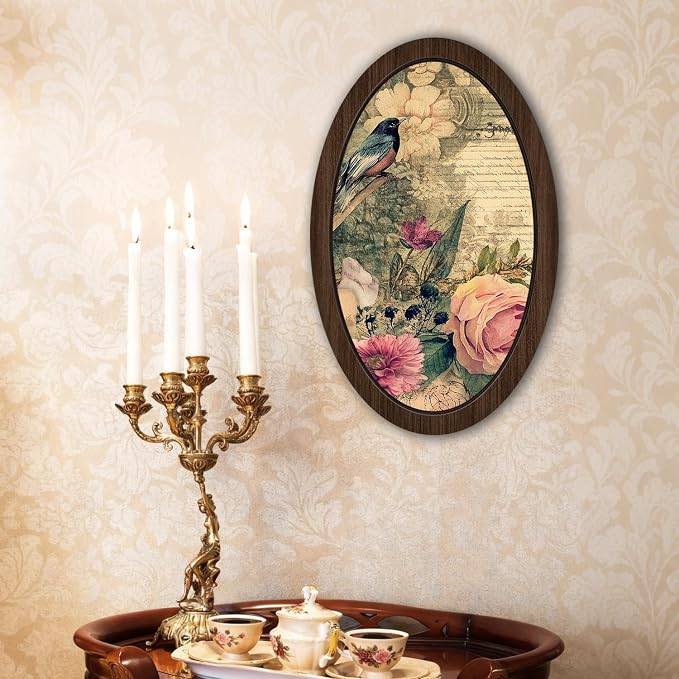 UYIKG Vintage Oval Framed Wall Art Decor,Vintage Rustic Farmhouse Bird Floral Cottage Core Wall Decor for Theme Room Home Bedroom Living Room Home Office 9x14.6 in