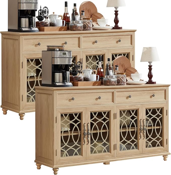 Large Sideboard Buffet Cabinet Set of 2 with Storage,59" Credenza with 4 Glass Doors & 2 Drawers,Adjustable Shelves Coffee Bar,Wood Kitchen Console Table for Dining Room,Natural