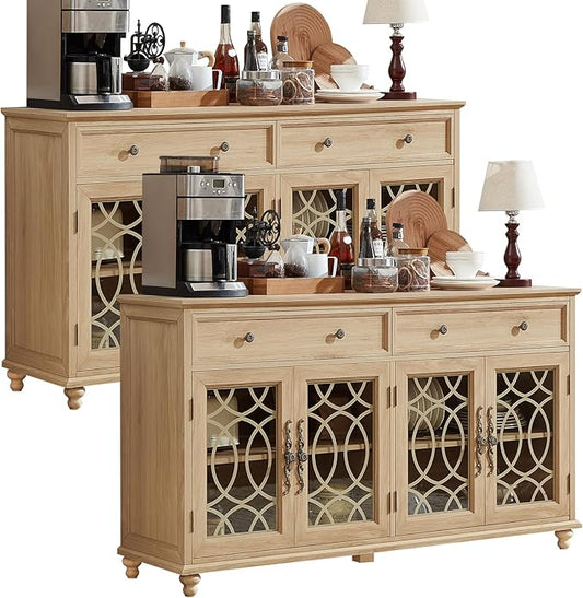Farmhouse Sideboard Buffet Cabinet Set of 2 with Storage,59" Large Credenza with 4 Glass Door & 2 Drawers,Adjustable Shelves Console Table,Wood Kitchen Coffee Bar for Dining Room,Natural