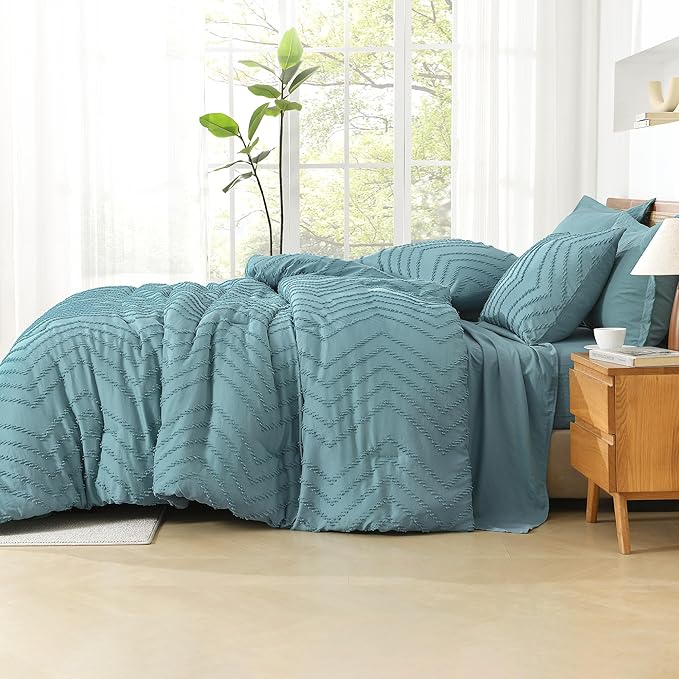Litanika Oversized King Size Comforter Set with Sheets Grayish Teal - 7 Pieces Bed in a Bag Oversized King Boho Tufted Complete Bedding Sets with Comforter, Sheets, Pillowcases & Shams