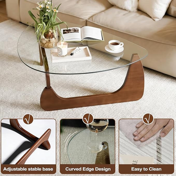 Glass Coffee Table, 44.9″D×32.3″W×15.8″H Triangle Center Tables with Tempered Glass Top & Eco-Friendly Wood Base, Mid Century Modern Coffee Table for Living Room, Apartment