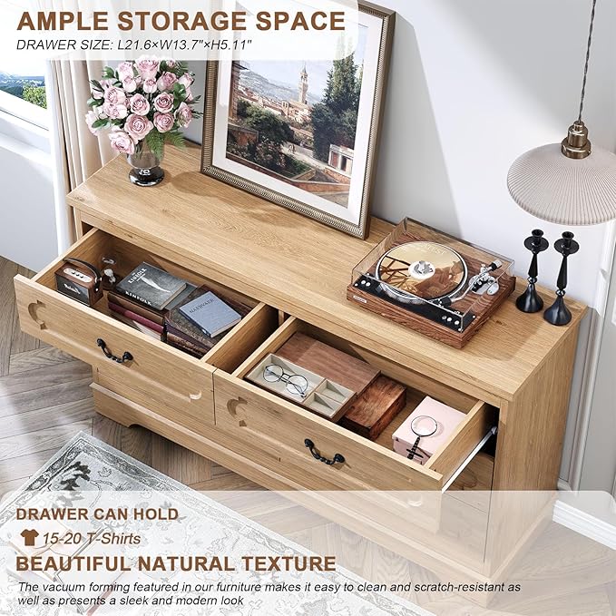 LIDYUK 6 Drawer Dresser for Bedroom Farmhouse Natural Tall Wood Chest of Drawers for Bedroom Dresser, Modern Rustic 47.2" Wide Drawers Dressers Wooden Closet and Storage Cabinet, Hallway, Living Room