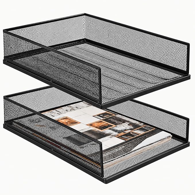 YOUEON 2 Pack Wire Mesh Letter Trays 12.8"x10"x2.9", Stackable Paper Tray Organizer for Desk, Metal Desk Magazine File Holder for Home, Office, School