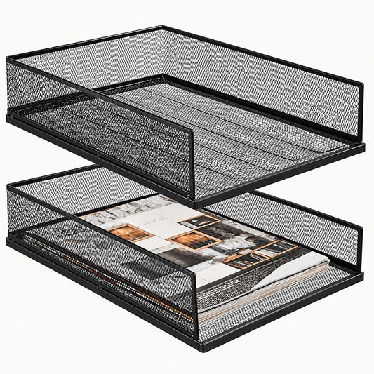 YOUEON 2 Pack Wire Mesh Letter Trays 12.8"x10"x2.9", Stackable Paper Tray Organizer for Desk, Metal Desk Magazine File Holder for Home, Office, School