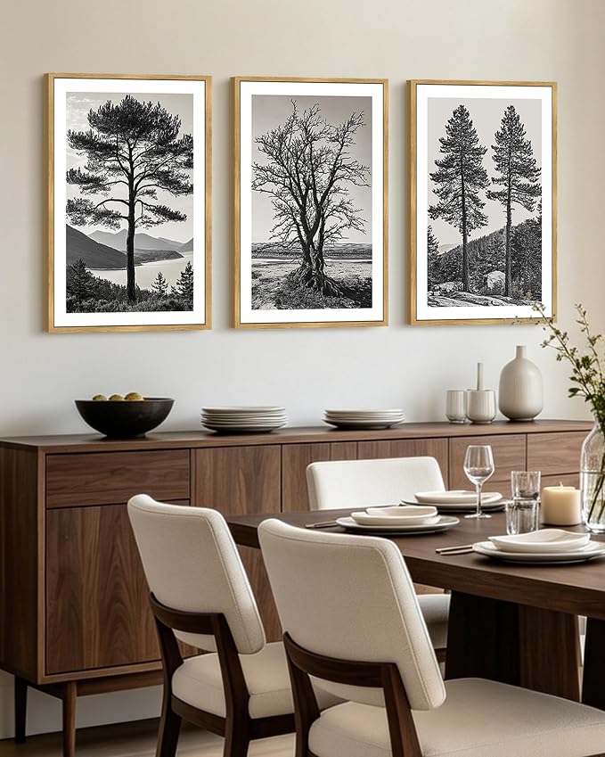 KUVIOKE Vintage Tree Framed Canvas Wall Art Black and White Retro Antique Forest Drawings Nature Wilderness Sketch Wall Painting Modern Decor 16x24in (Natural Framed)