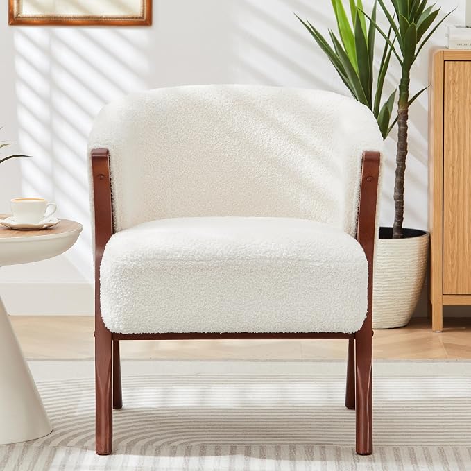 Merax Mid-Century Modern Accent Chair with Solid Wood A-Frame & Wrap-Around Backrest, High-Density Foam Cushion & Rounded Edges for Living Room, Reading Nook, Lounge Area (Beige+Walnut)