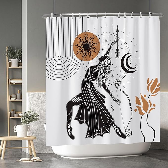 Baocicco Boho Shower Curtain Sun Moon Women Bow and Arrow Plants Modern Geometric Shower Curtains Decorative for Bathroom Waterproof Fabric Shower Curtain with Hooks 72x78 Inches