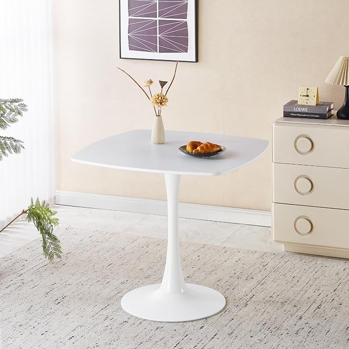 24" Square Dining Table for 2-3, Modern Pedestal Table with White Wood Board Top, Compact Kitchen Bistro Cafe Table for Apartment, Living Room, Office