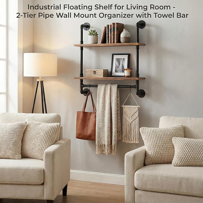 ROGMARS 2 Tier 24" Extra Deep Industrial Pipe Floating Wall Shelves | Rustic Pine Wood Pipe Bathroom Shelves with Towel Bar | Industrial Pipe Shelving for Small Space Storage
