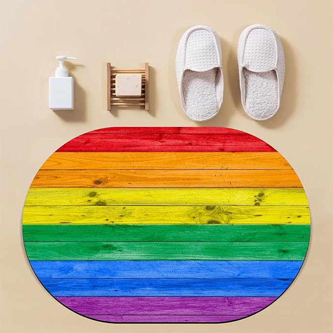 Oval Bath Mat Colorful Rainbow Wood Wall Diatomaceous Mud Mats with Rubber Backing Ultra Soft Washable 23.6"×15.7" Quick Dry Thin Bath Rugs for Bathroom Floor Bathtub Vanity Easy Care