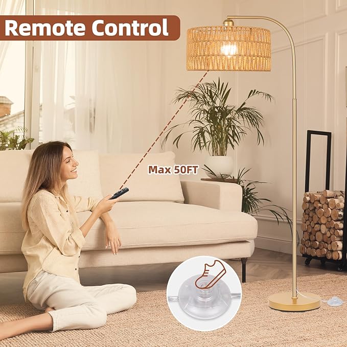 Gold Floor Lamps- Boho Floor Lamp for Room, Rattan Standing Lamps with Dimmable Bulb, Adjustable 2-in-1 Lampshades Arc Floor Lamp Over Couch Lamps for Living Room, Bedroom, Office