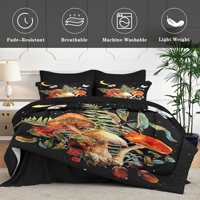 WeCozy 5 Pcs Twin Size Comforter Set with Pillowcase & Sham, Vintage Mushroom Moon Bedding for Kids and Adults, Butterfly Leaves Fern Bed in a Bag with Flat Fitted Sheet