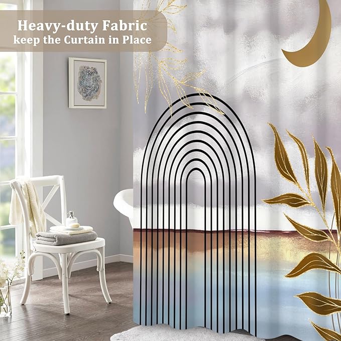 Boho Shower Curtain Abstract Modern Geometric Leaves Shower Curtain Mid Century Minimalist Moon Pattern Decor Bath Curtain Waterproof Fabric with Hooks 48x72