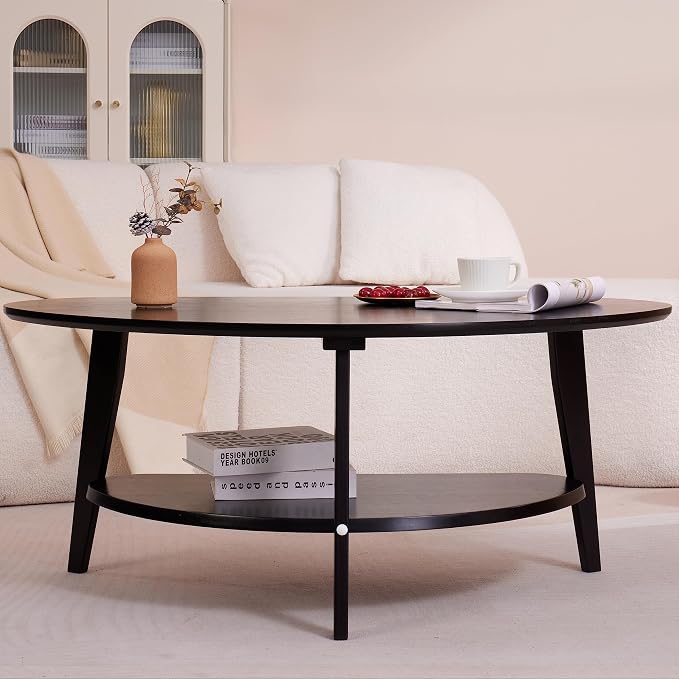 NAVREX Mid Century Modern Coffee Table, Oval Coffee Tables with Storage for Living Room, 2 Tier Solid Wood Center Table, Black Coffe Tables, Value Lies in Material, Easy Assembly, 40.2"*22"