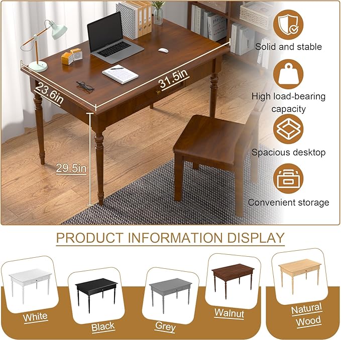 Solid Wood French Country Desk,Writing Desk with Storage Drawers,Farmhouse Computer Table Makeup Table Modern Simple Style,for Home Office Living Room Study Workspace Bedroom (Walnut, 31.5IN)
