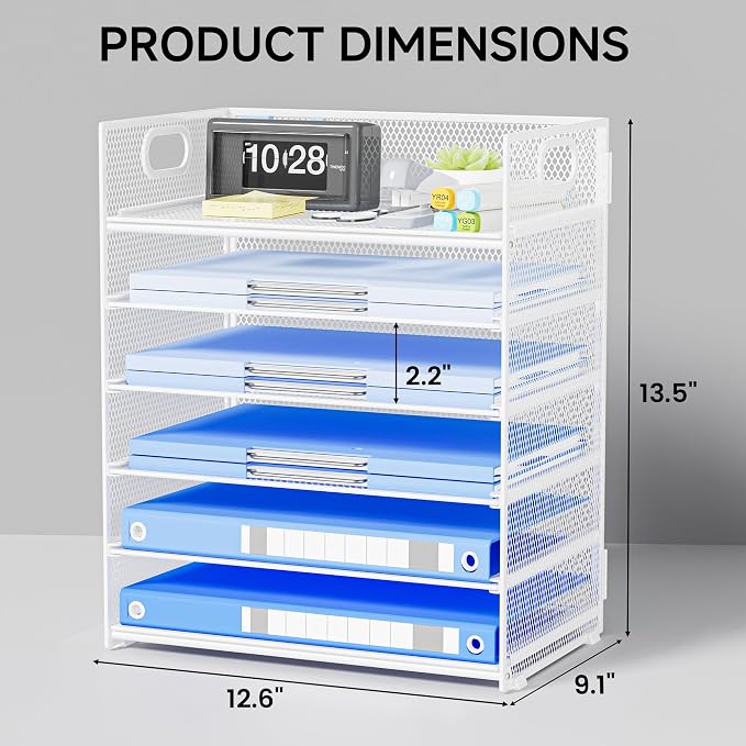 Paper Organizer for Desk with Handle, 6-Tier Metal Mesh File Organizer | Stackable Letter Tray for Office Documents & Stationery Storage