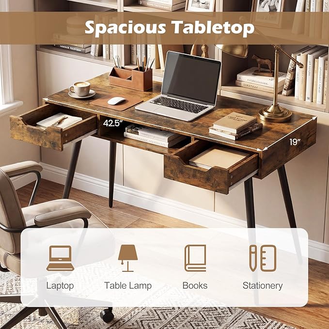 Tangkula Mid Century Modern Computer Desk, Writing Desk with 2 Drawers & Open Center Storage, Small Wooden Study Table for Home Office & Compact Spaces (Rustic Brown)