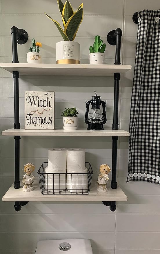 HDDFER White Floating Shelves 24 inch Pipe Wall Shelves Bathroom Shelves Over Toilet with Wood Planks Industrial Pipe Floating Shelves Farmhouse Bathroom Pipe Shelves Wall Mounted