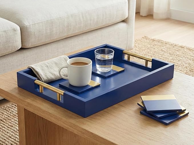 Wood Serving Tray with Gold Polished Metal Handles, Home Decorative Wooden Rectangle Ottoman Decor Platter Bathroom Vanity Tray for All Occasions Gloss Finish, 16"x12", Navy Blue