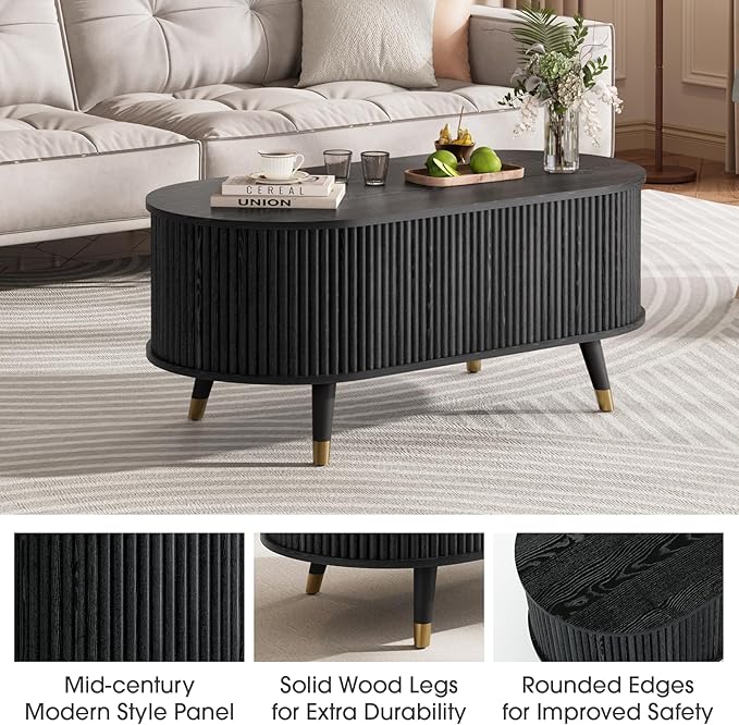 42.5" Oval Lift Top Coffee Table with Storage, Mid Century Modern Black Center Table with Fluted Panel, Solid Wood Legs & Hidden Compartment for Living Room