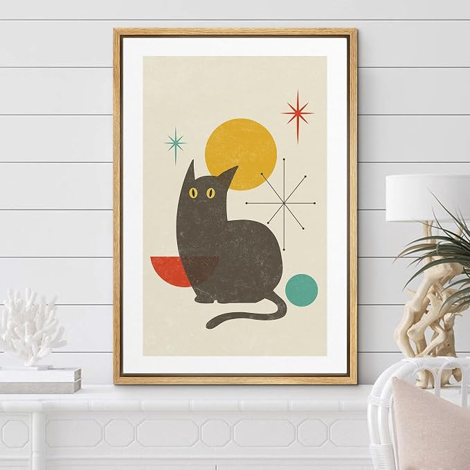 Woodrose Framed Canvas Print Wall Art Retro Vintage Geometric Black Cat Animals Shapes Illustrations Modern Minimalist Chic Relax/Calm Multicolor for Living Room, Bedroom, Office - 24"x36" Natural