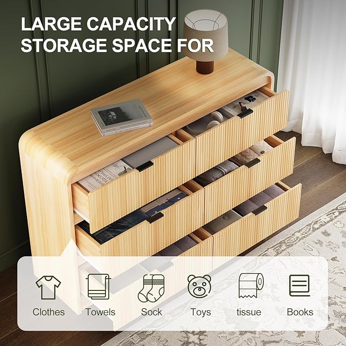 FURSUN 54" Wide Fluted 6 Drawer Dresser, Large Storage Wooden Dresser with Curved Profile & Metal Handles, Modern Chest of Drawers for Bedroom, Living Room, Natural Oak