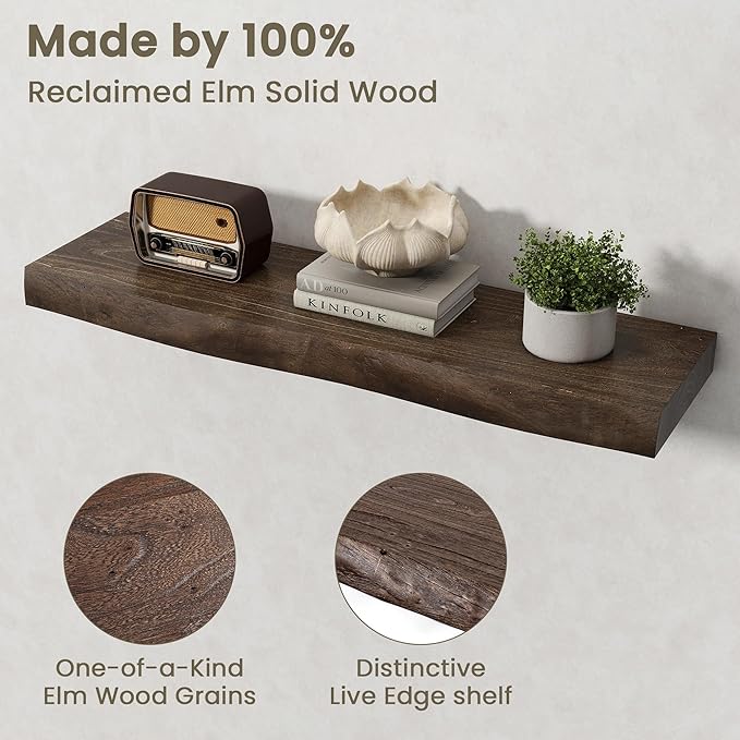 Fun Memories Floating Shelves for Wall Decor Set of 2-32 Inch Solid Elm Wood Live Edge - Rustic Walnut Wall Shelves with Invisible Brackets - for Living Room, Bedroom, Kitchen - Walnut Finish