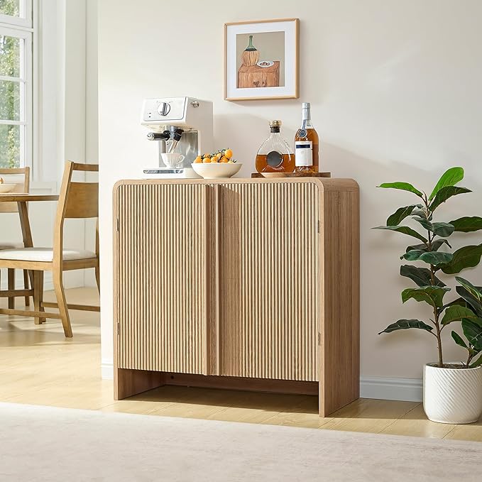 AMERLIFE 2-Piece Fluted Buffet Cabinet with Storage, Modern Sideboard Cabinet with Doors & Adjustable Shelf, Console Table & Credenza for Living Room, Kitchen & Entryway, Natural Oak
